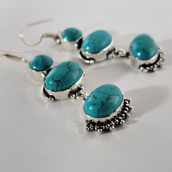 Turquoise Colored Gemstone Sterling Silver Dangle Earrings - Picture 4 of 10